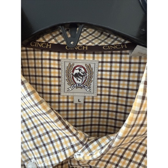 Cinch Shirt Men's Large Yellow Black Plaid Cinch Logo Long Sleeve Button Down - Picture 3 of 4